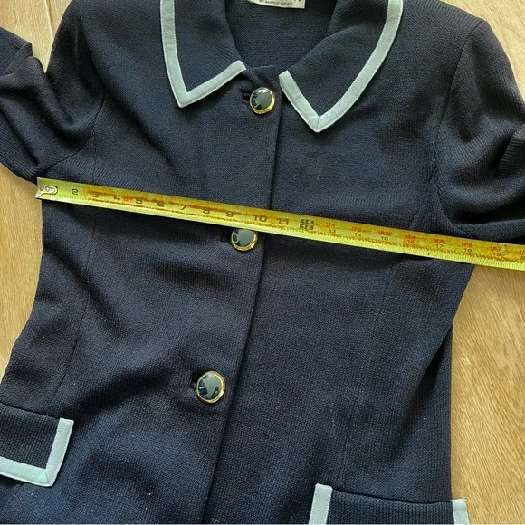 St. John Knits Classic Santana Knit Jacket Blazer‎ Navy Light Blue Trim Size L